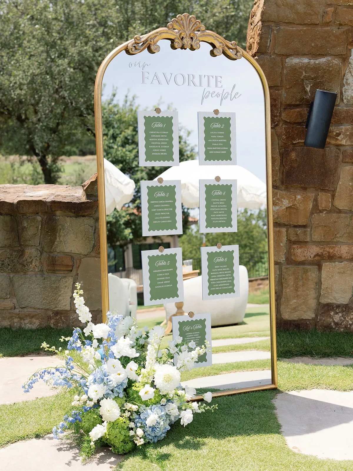 Gold arched mirror seating chart with wavy green table cards and blue and white florals outdoors